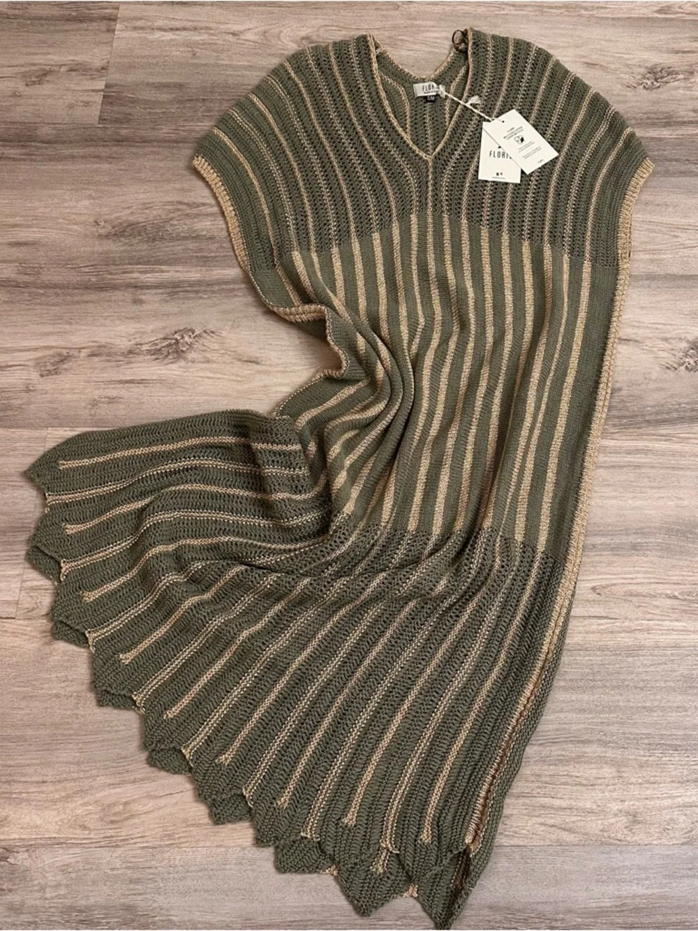 Floris Italy Knit Mini Dress Olive Beige Stripe Cap Sleeve S/M NWT Beach coverup - Picture 2 of 8